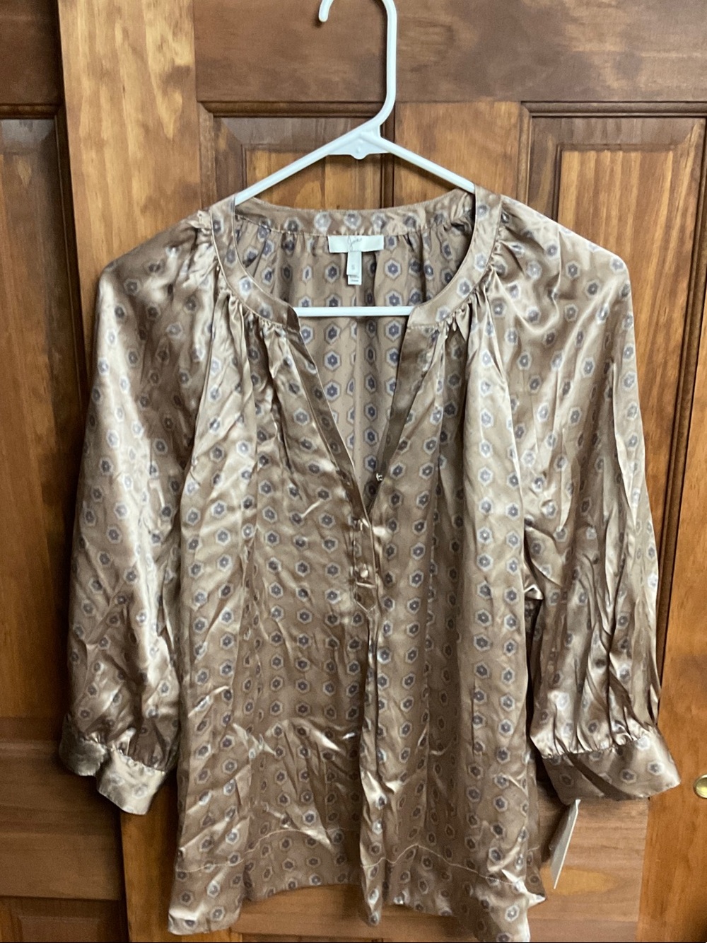 Joie Taupe Printed 100% silk Peasant Blouse
